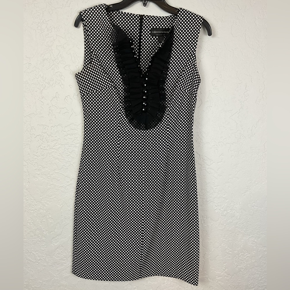 Connected Apparel Black White Polka Dot Sleeveless V Neck Mini Dress Sz 6